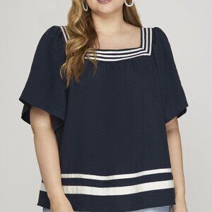 PLUS SIZE SHE + SKY NAVY & WHITE SQUARE NECK TOP
